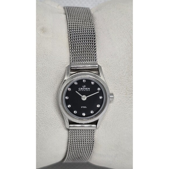 Women\'s Grenen Denmark Round Black Dial Crystal Marker Mesh Bracelet Watch 09